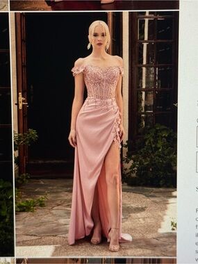 Off-Shoulder Blush Pink Prom Gown with Lace Embellished Bodice